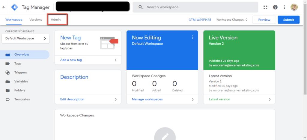 Admin tab of google tag manager