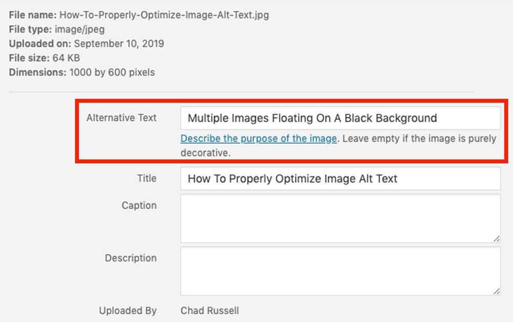 Screenshot of Alt Text Field In WordPress